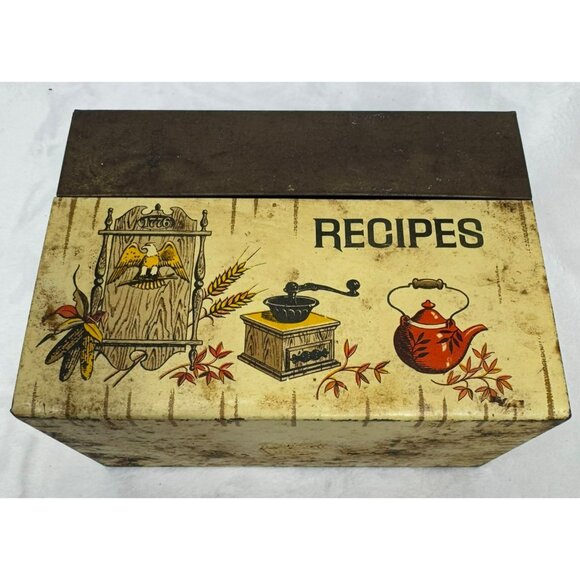 Vintage J. Chen & Co. Rustic Recipe Card Tin Box Retro Bicentennial Kitsch 1970s - Picture 3 of 10